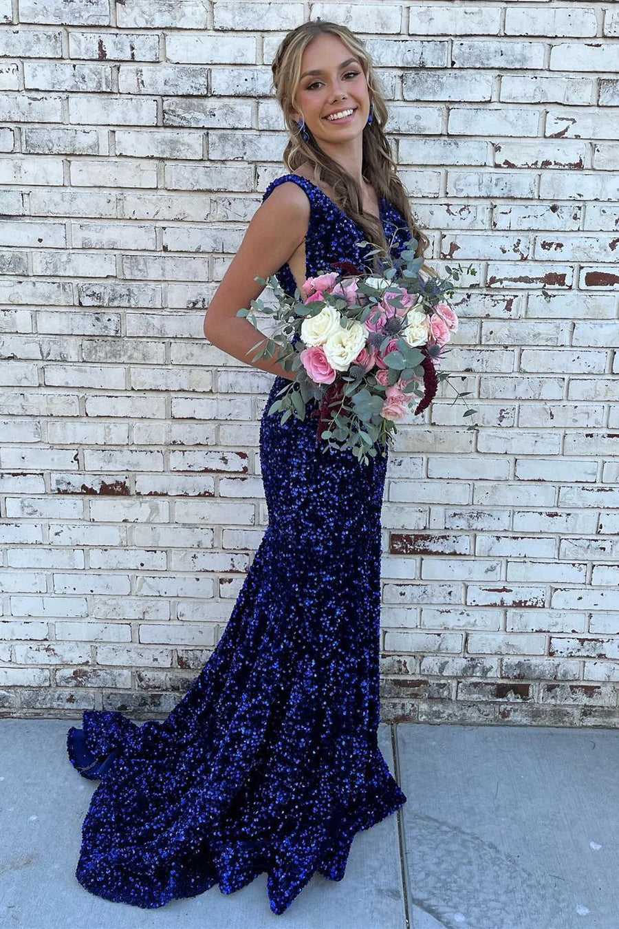 Glitter Plunge Pink Sequin Trumpet Long Formal Dress