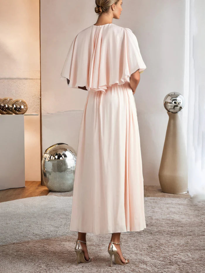 Pearl Pink Prom Dress Chiffon Cape Sleeve A Line Ankle Length Prom Dress