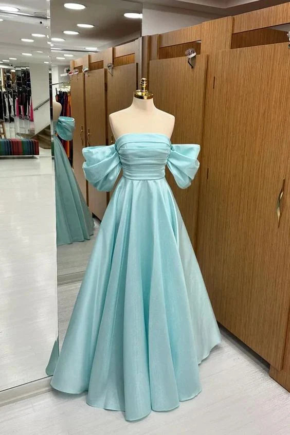 Blue long off shoulder satin ball gown formal evening gown
