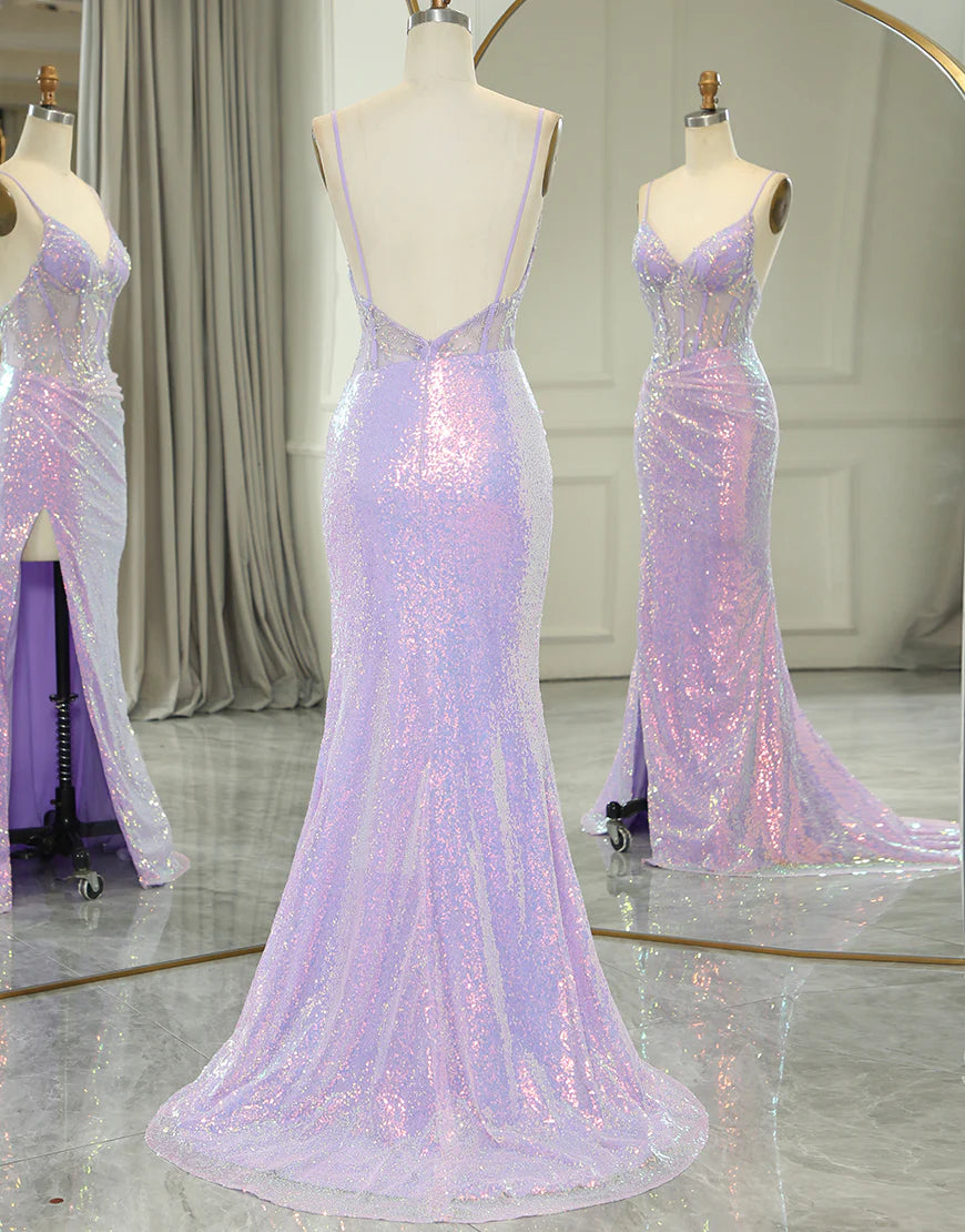 Purple mermaid long slit tight corset dance dress