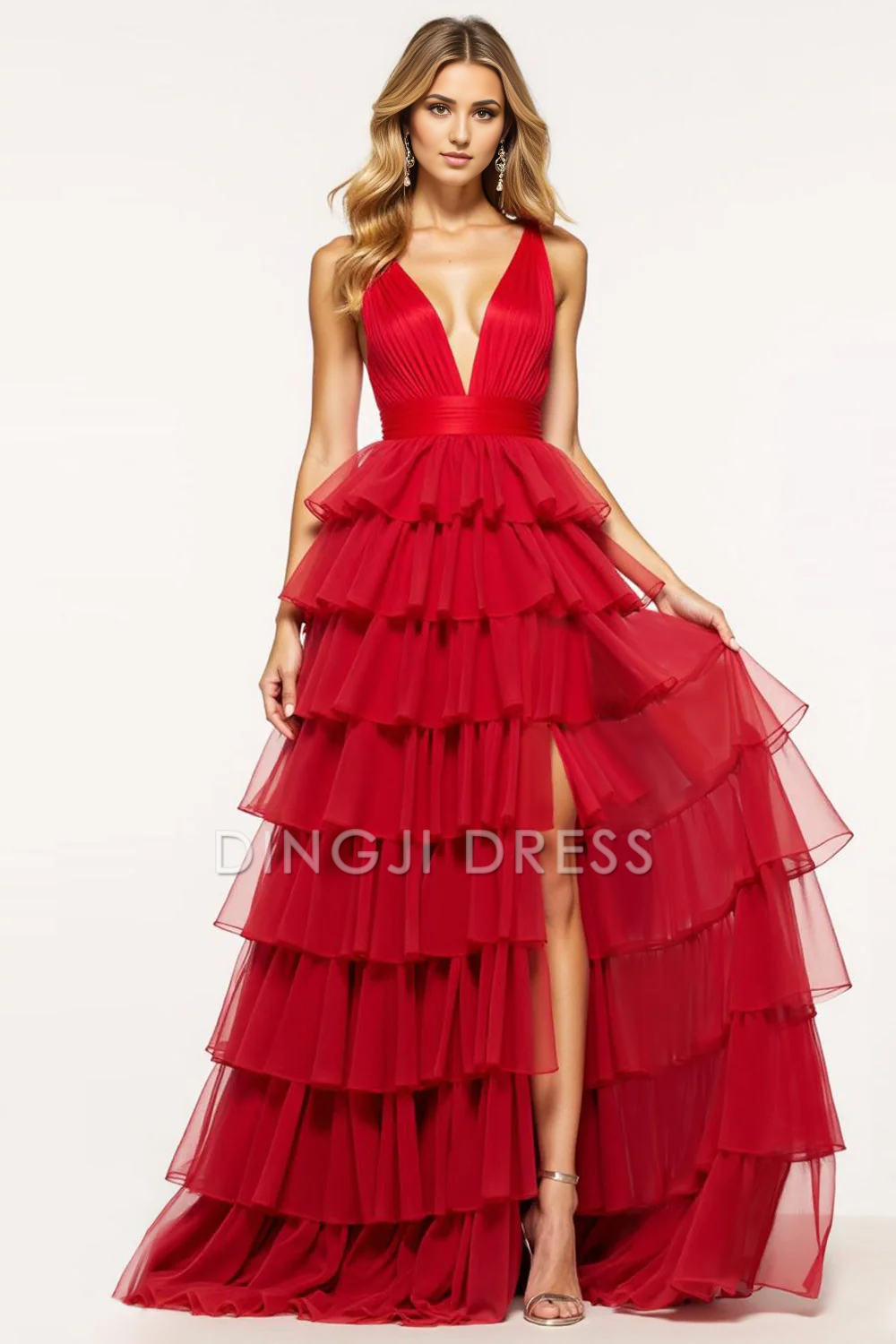 DingJiDress High Quality Dress Exquisite A Line Deep V-Neck Tiered With Ruffles Fashion Long Prom Dress