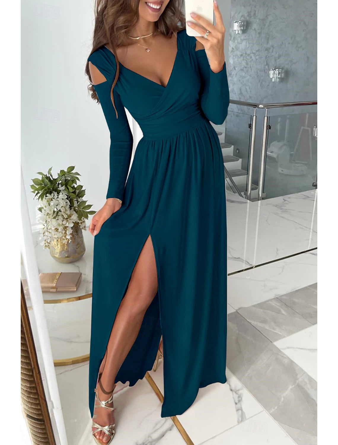 Women's Long Dress Maxi Dress Prom Dress Party Dress Elegant Fashion Party Special Occasion Regular Fit Plain Long Sleeve V Neck Black Red Blue Green Summer
