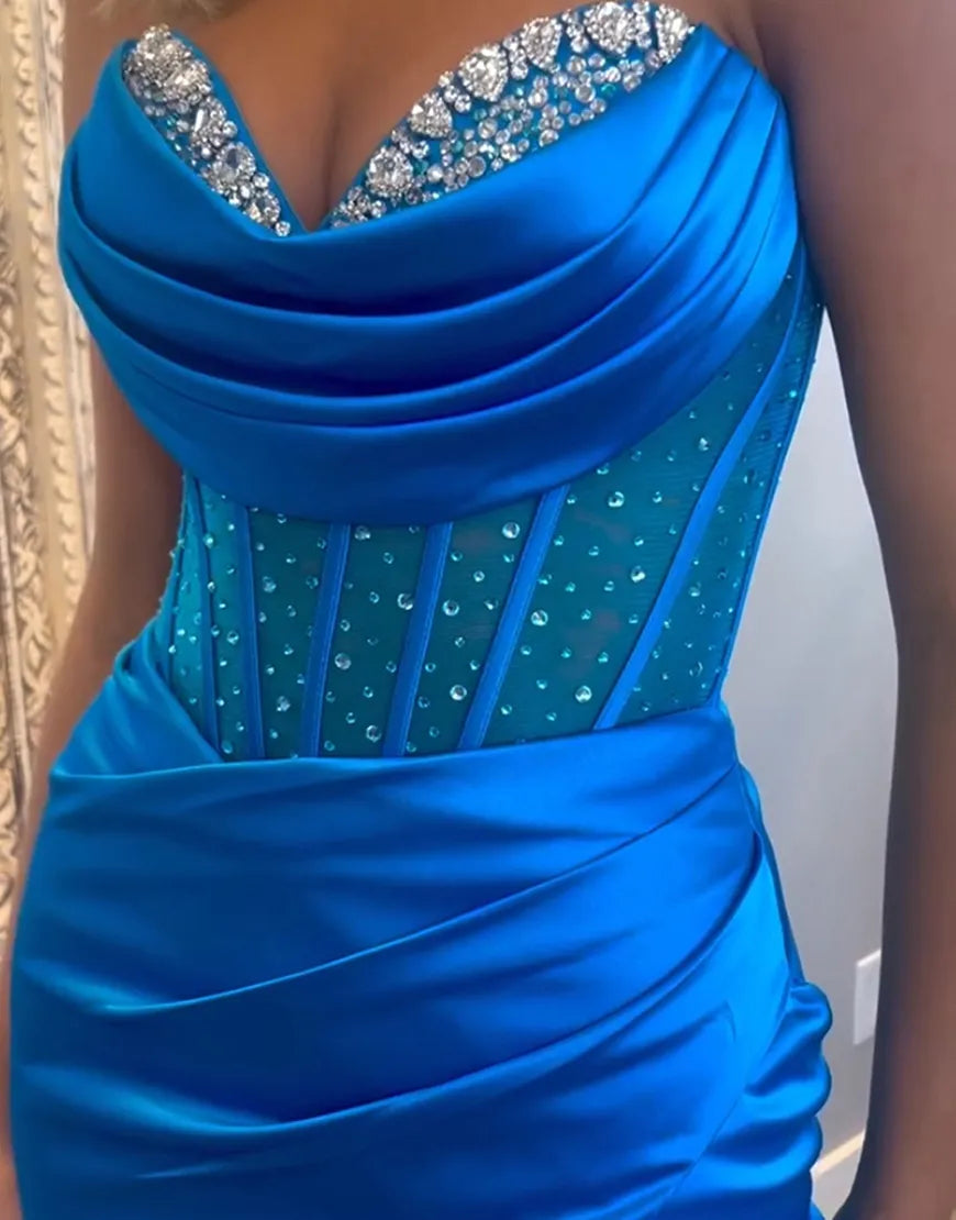 LRoyal Blue Mermaid sequin long satin slit strapless ball dress