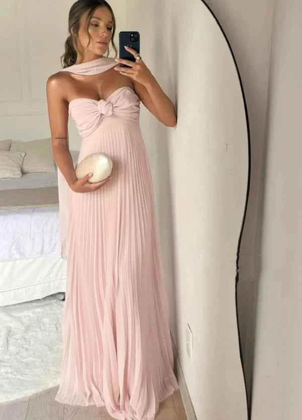 Strapless pink long ball gown with pleated formal party dress