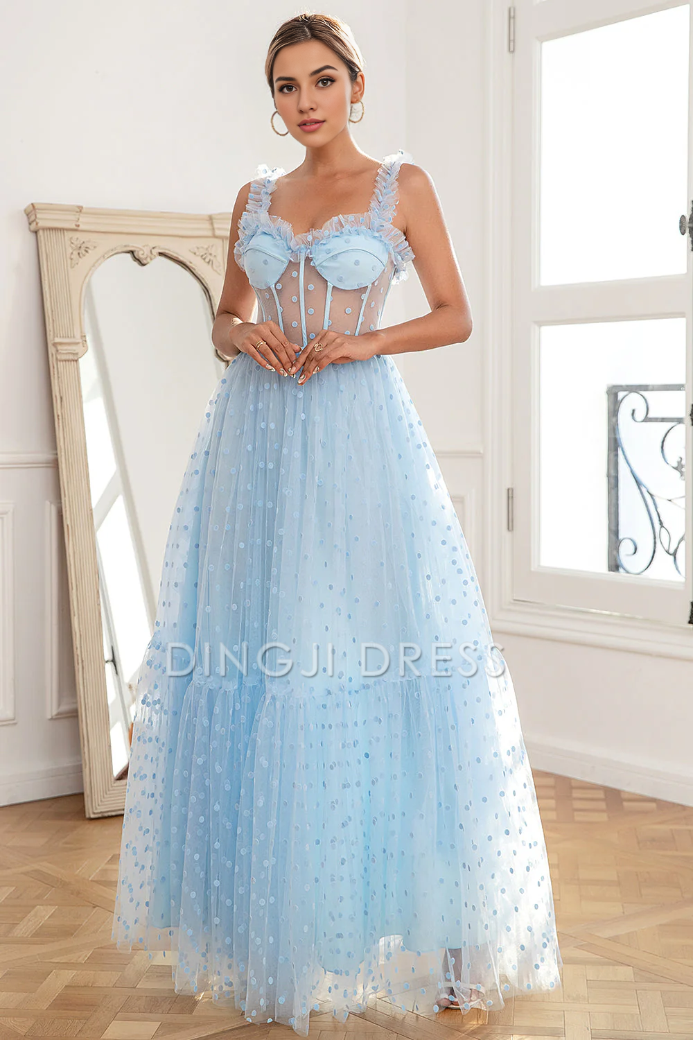 DingJiDress High Quality Dress Evening Dress Fashion A Line Sleeveless Sweetheart Ruched Polka Dots Tulle Fantastic Long Prom Dress