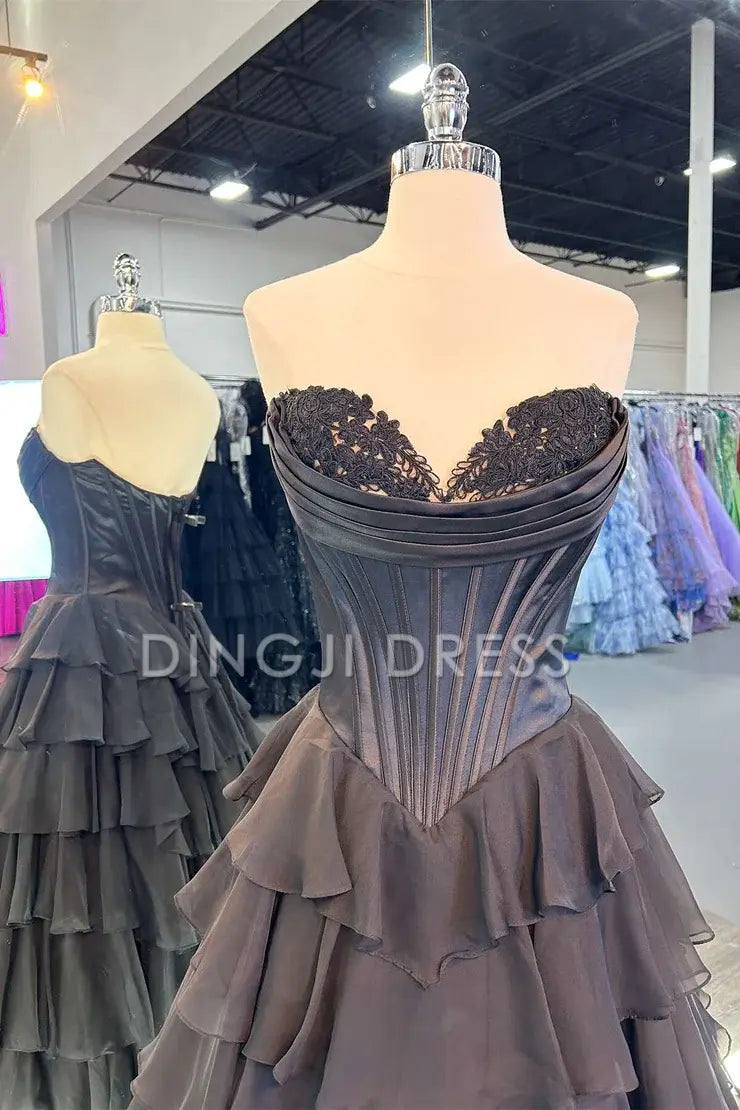 DingJiDress Cute Sweetheart A-Line Ruffle Chiffon Tiered Long With Split Exquisite Prom Dress