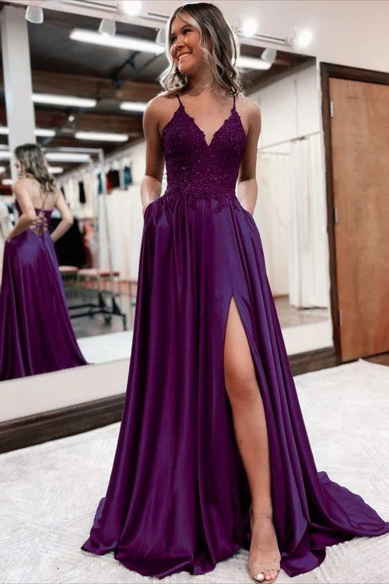 Elegant long satin ball dress V-neck lace applique dress