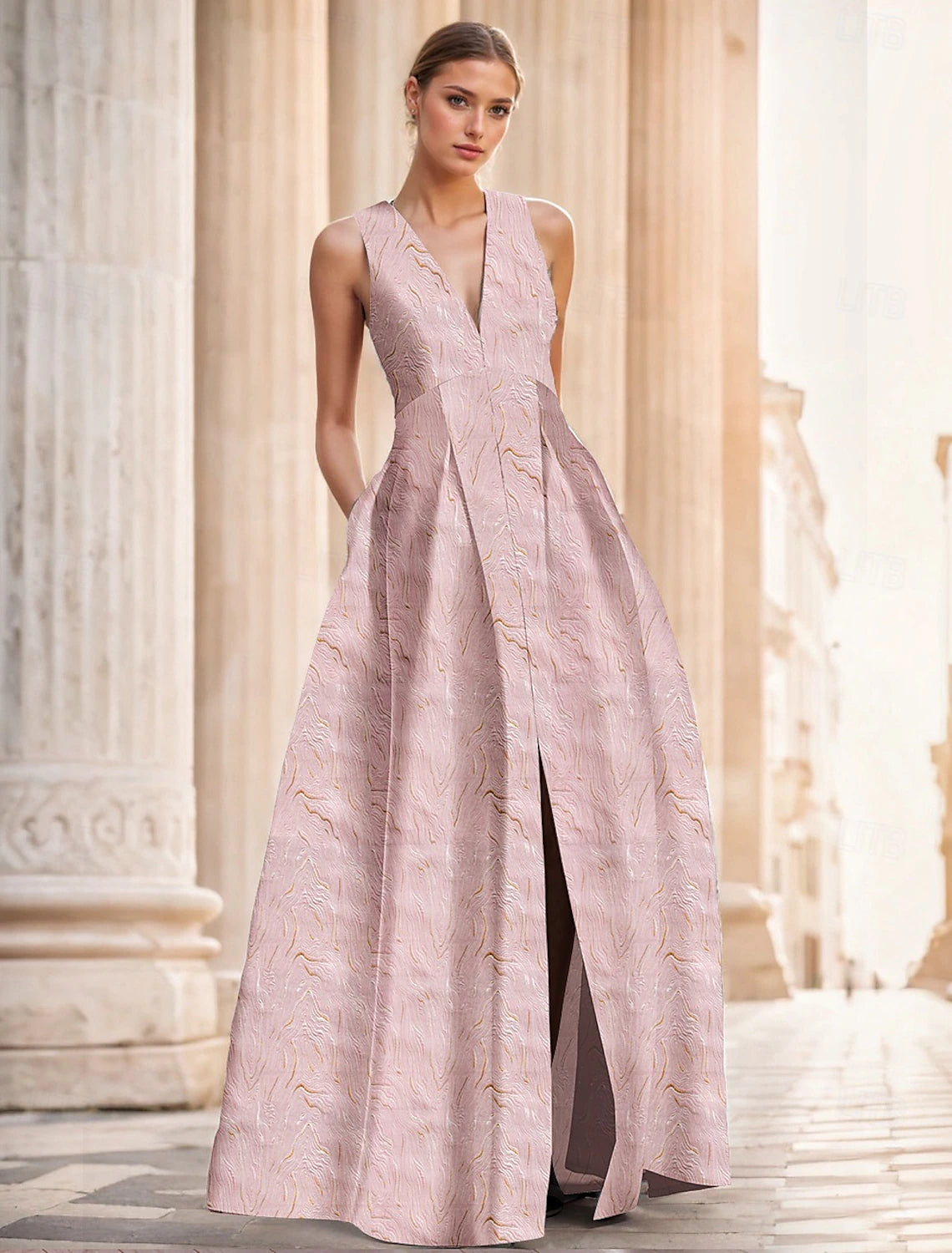 Jacquard Pink A-Line Evening Gown Elegant Dress Formal Wedding Floor Length Sleeveless V Neck Pocket Nylon with Slit Pocket