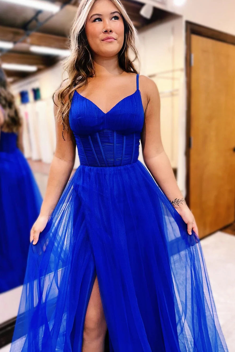 V-Neck Sheer Bodice A-Line Long Prom Dress with Slit