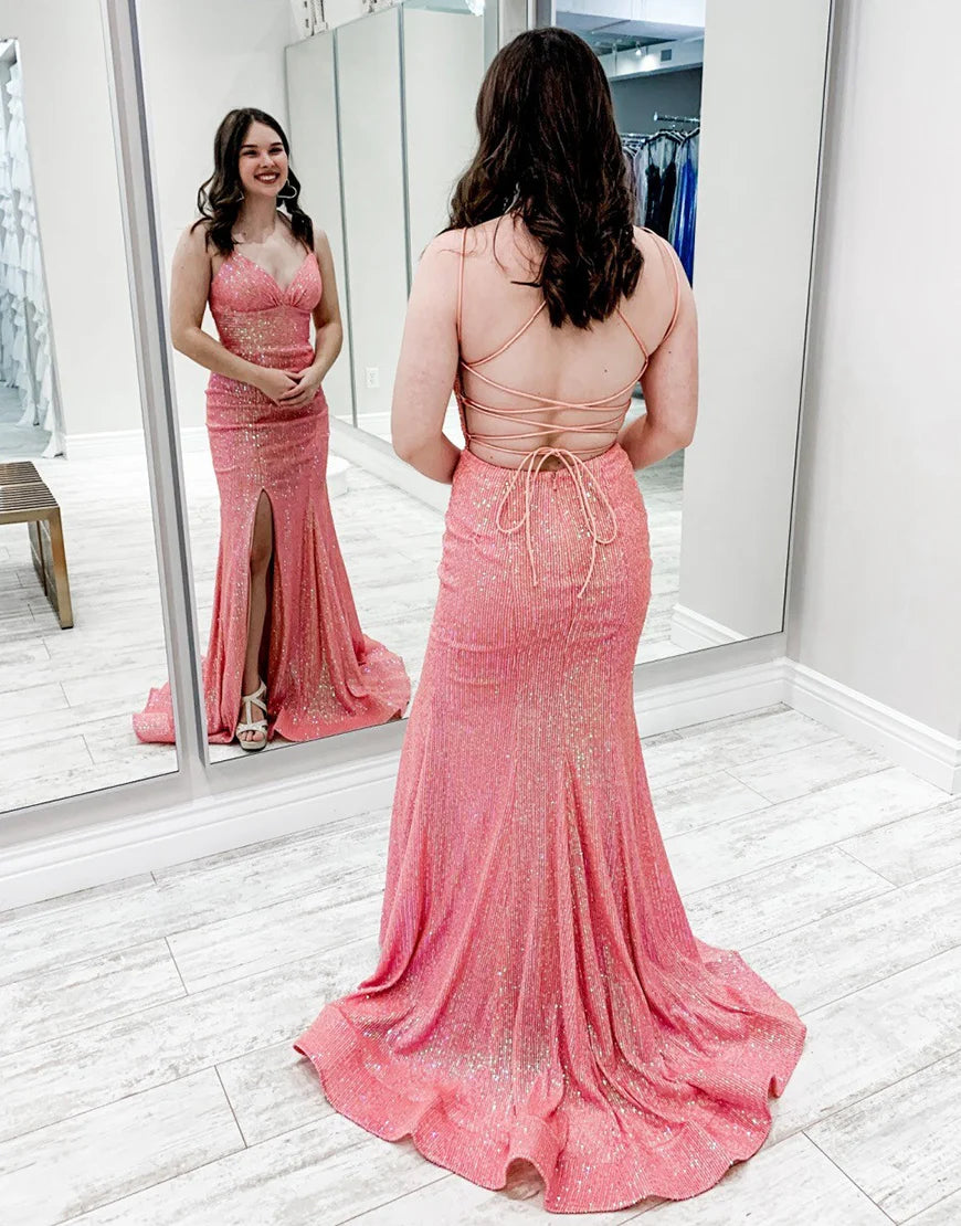 Coral mermaid sequin long slit ball dress