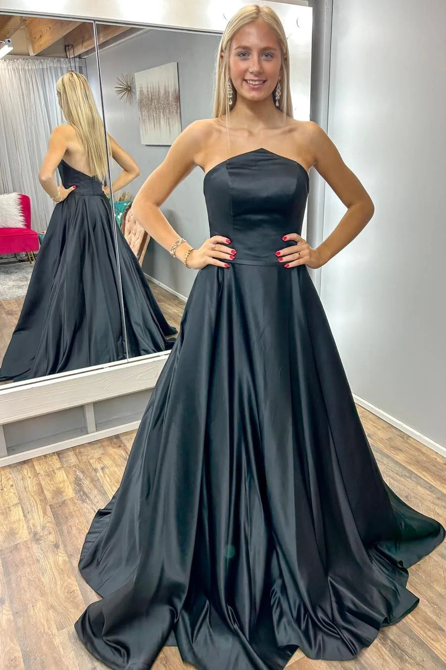 Simple Black Strapless A-Line Long Prom Dress ﻿