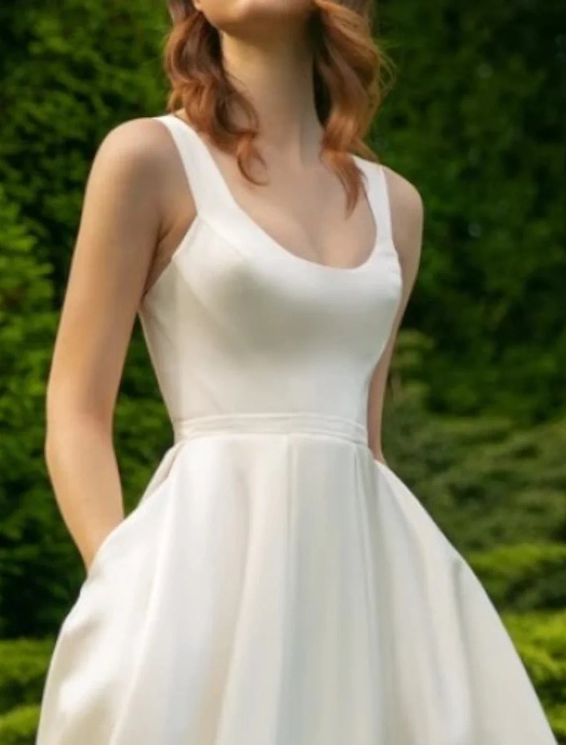 DingJiDress Hall Little White Dresses Wedding Dresses A-Line Scoop Neck Sleeveless Tea Length Satin Bridal Gowns With Pleats