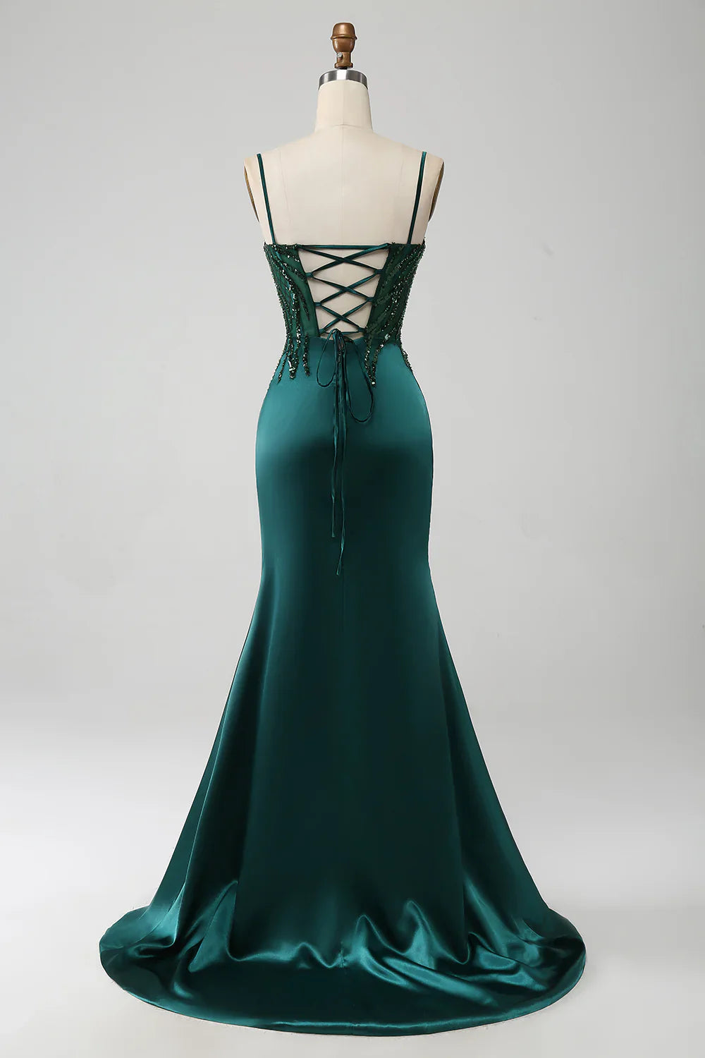 DingJiDress Sparkly Dark Green Mermaid Sequin Pleated Corset Prom Dress With Slit