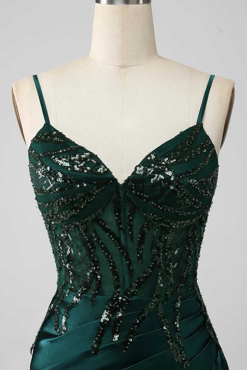 DingJiDress Sparkly Dark Green Mermaid Sequin Pleated Corset Prom Dress With Slit