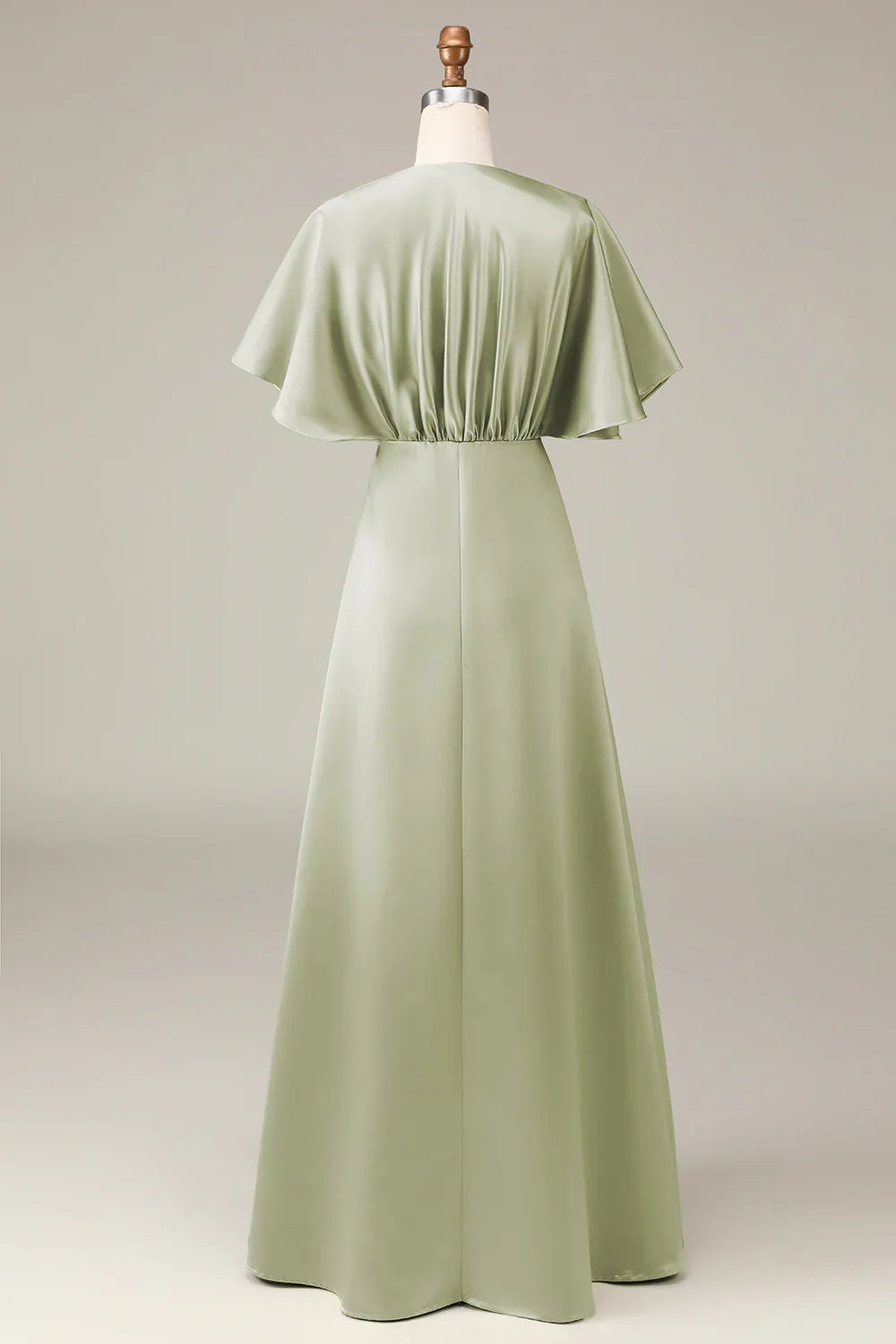 DingJiDress Dusty Sage V-neck Short Sleeves A-line Satin Bridesmaid Dress