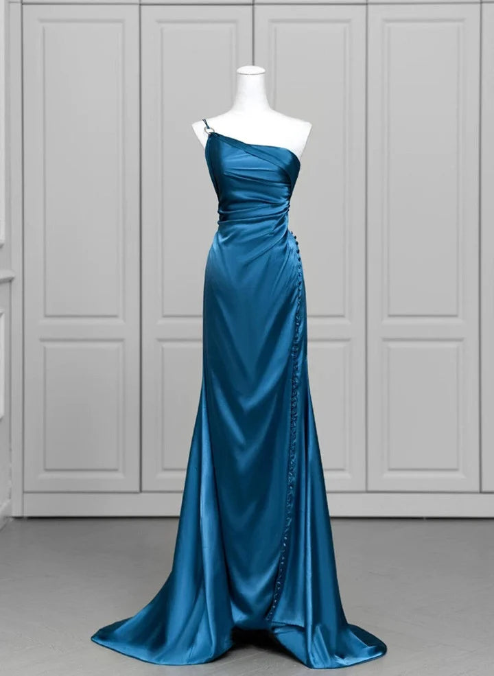 Blue soft satin long slit ball dress evening formal dress