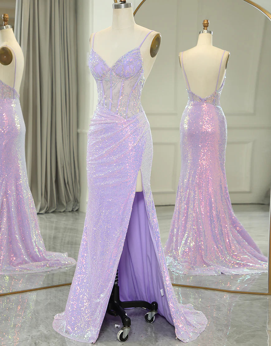 Purple mermaid long slit tight corset dance dress