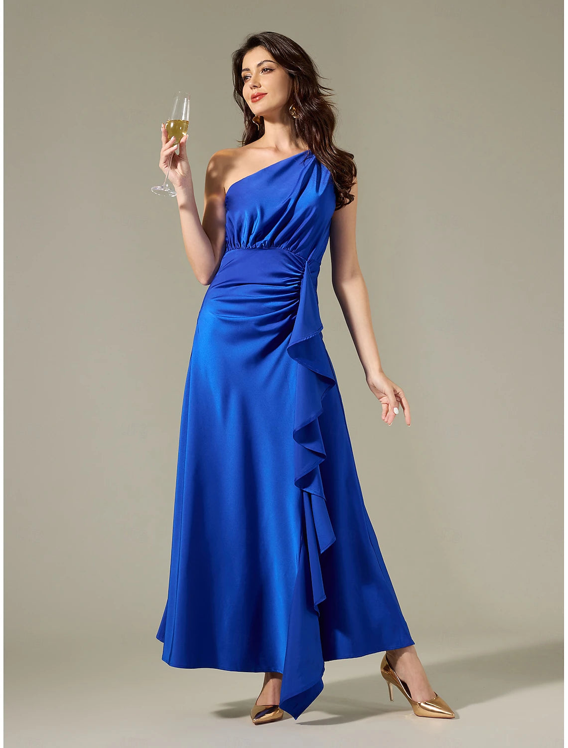 Satin Blue Sleeveless One Shoulder Ruffle Maxi Dress