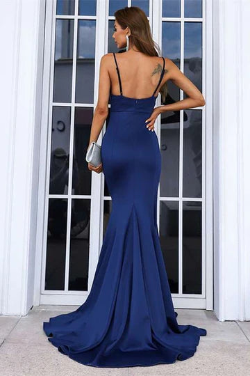 Navy Blue Cowl Neck Straps Mermaid Long Prom Dress ﻿