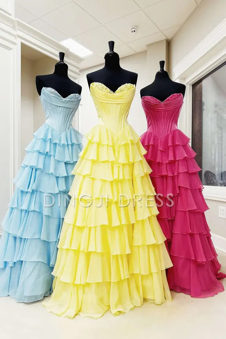 DingJiDress Cute Sweetheart A-Line Ruffle Chiffon Tiered Long With Split Exquisite Prom Dress