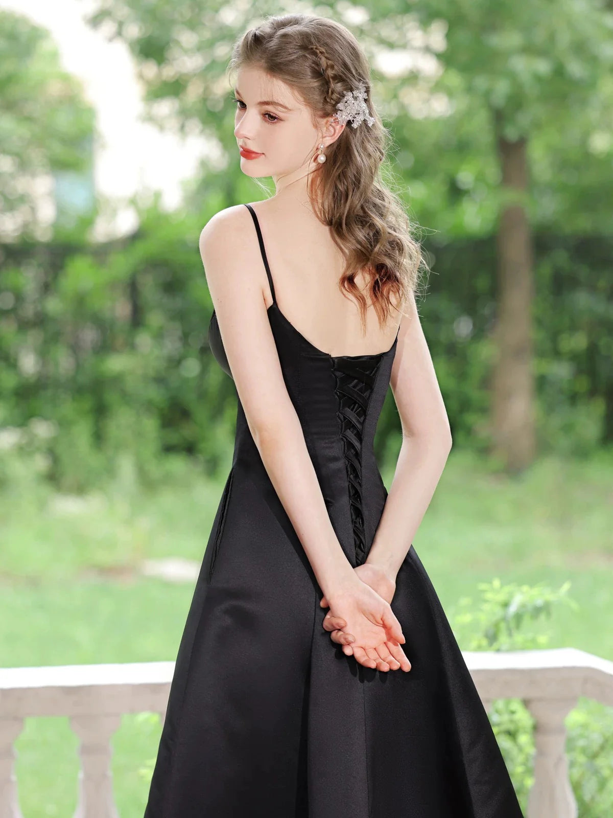 A-Line V Neck Tea Length Satin Black Prom Dress  Black Formal Dress
