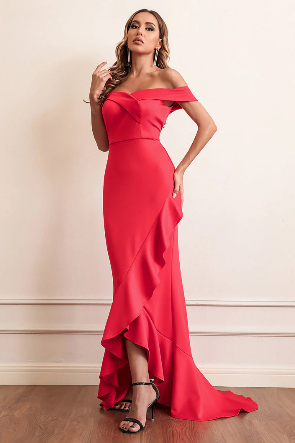 Red fashion long off shoulder pleated floor length ball skirt