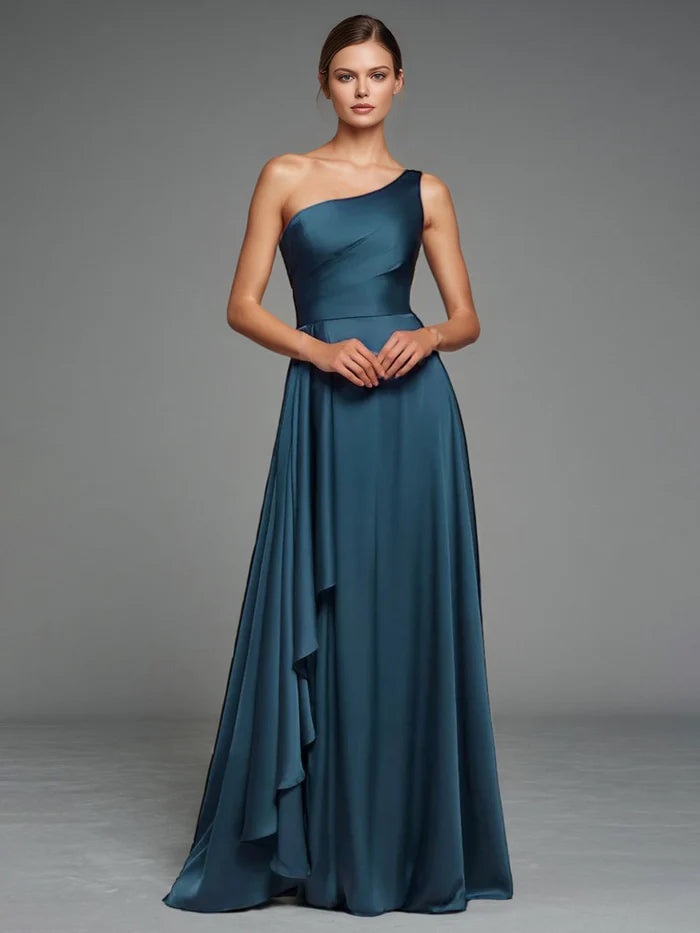 Ink Blue Prom Dresses Elegant One Shoulder Sleeveless A Line Ruffles Maxi Prom Dress With Slit
