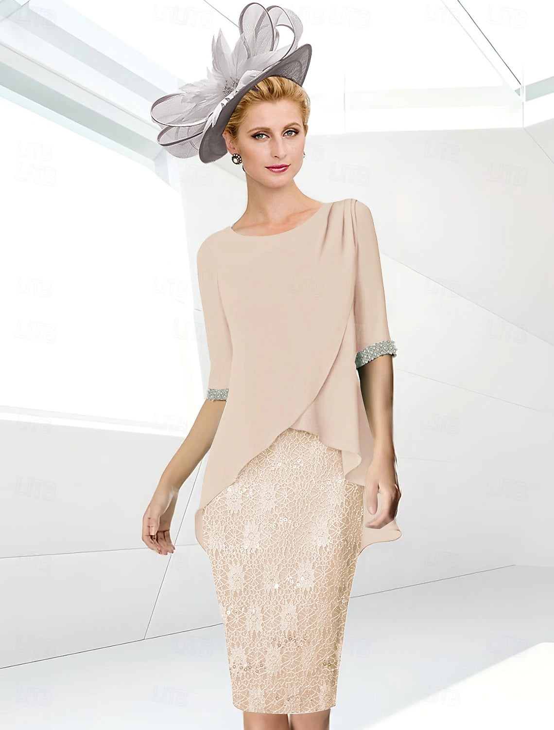 Beach Wedding Sheath Mother of the Bride Dress Elegant Jewel Neck Knee Length Sequined Stretch Chiffon Half Sleeve with Lace Ruching