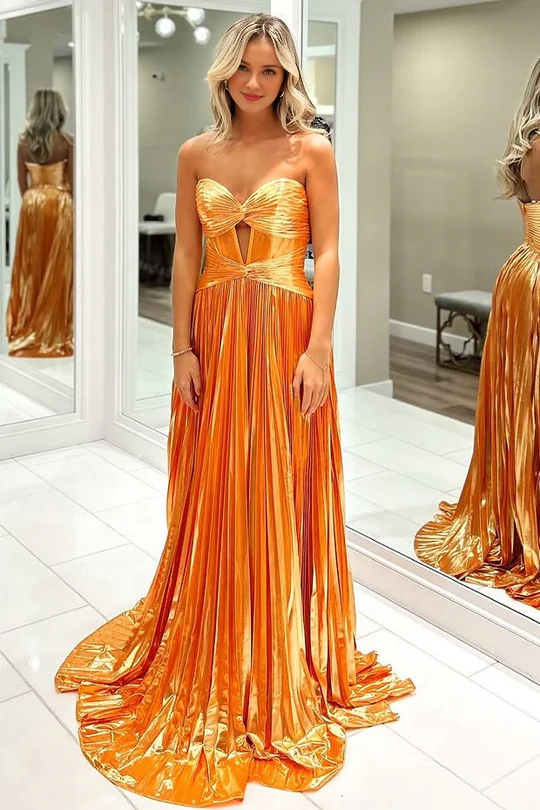 DingJiDress Cute A Line Sweetheart Strapless Pleat Satin Long with Slit Exquisite Prom Dress