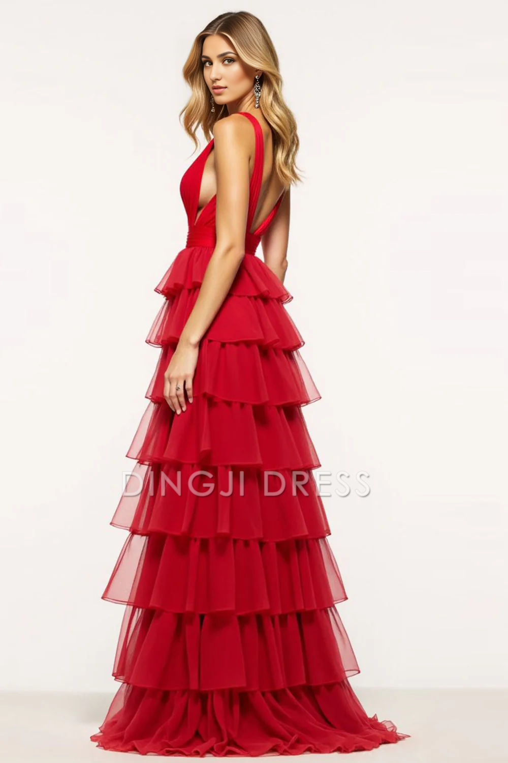 DingJiDress High Quality Dress Exquisite A Line Deep V-Neck Tiered With Ruffles Fashion Long Prom Dress