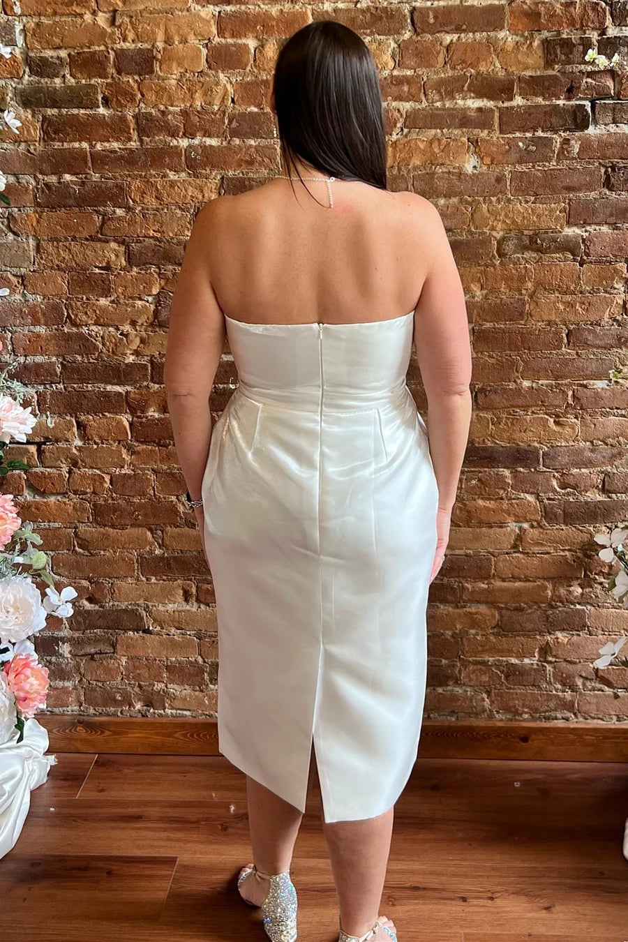 White Sweetheart Midi Reception Dress with Detachable Sleeves