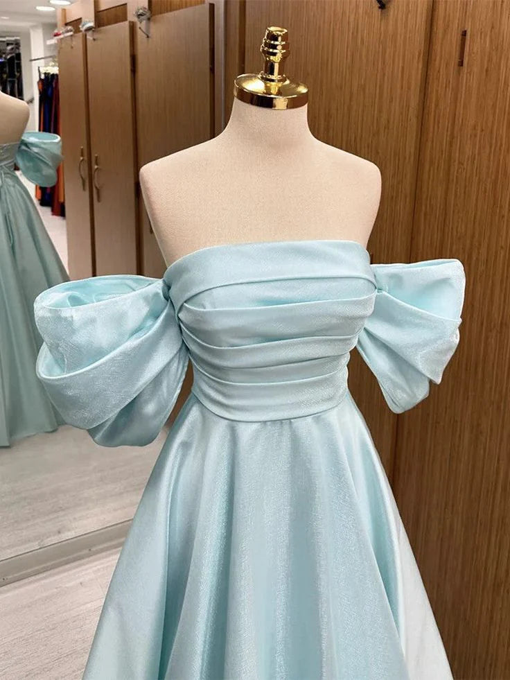Blue long off shoulder satin ball gown formal evening gown