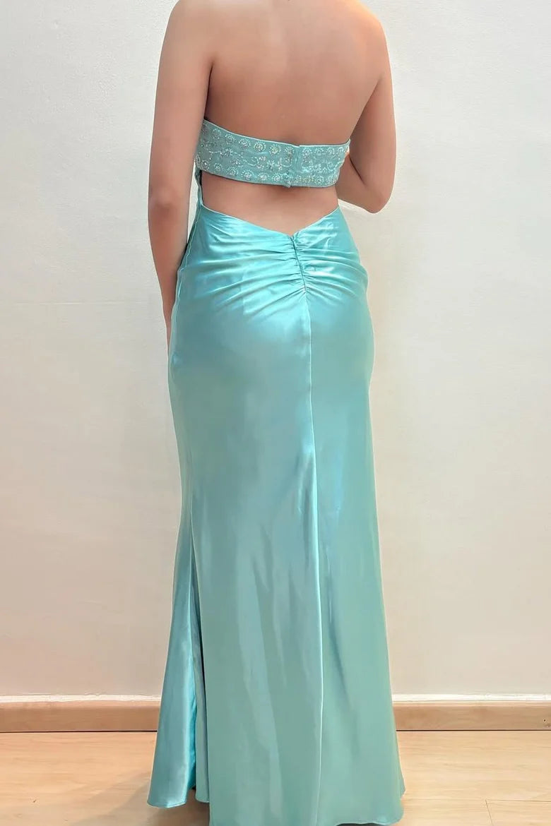 Elegant Strapless Scoop Neck Appliques Sleeveless Long Prom Dress ﻿