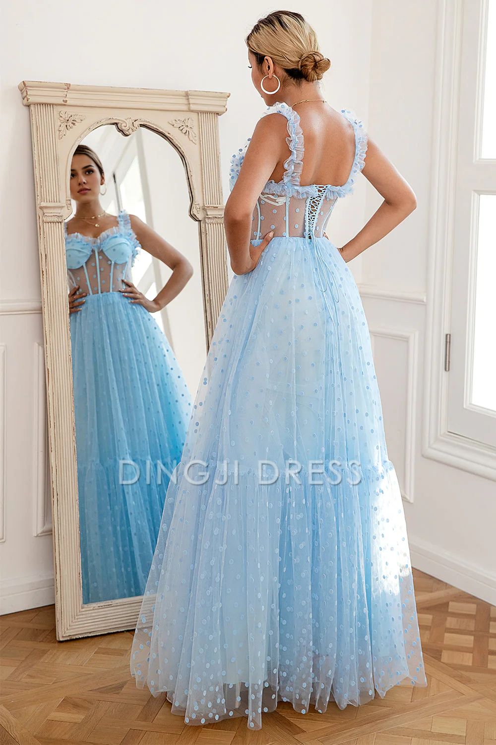 DingJiDress High Quality Dress Evening Dress Fashion A Line Sleeveless Sweetheart Ruched Polka Dots Tulle Fantastic Long Prom Dress