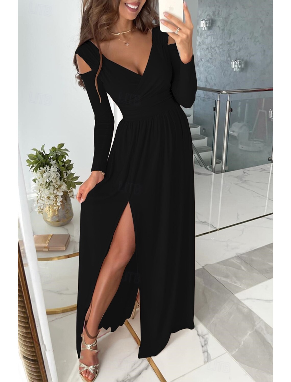 Women's Long Dress Maxi Dress Prom Dress Party Dress Elegant Fashion Party Special Occasion Regular Fit Plain Long Sleeve V Neck Black Red Blue Green Summer