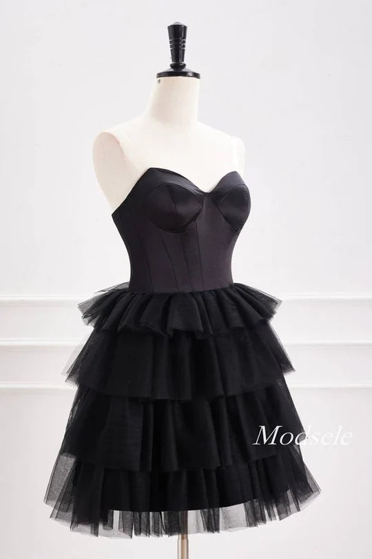 Strapless Black A-Line Tiered Tulle Homecoming Dress