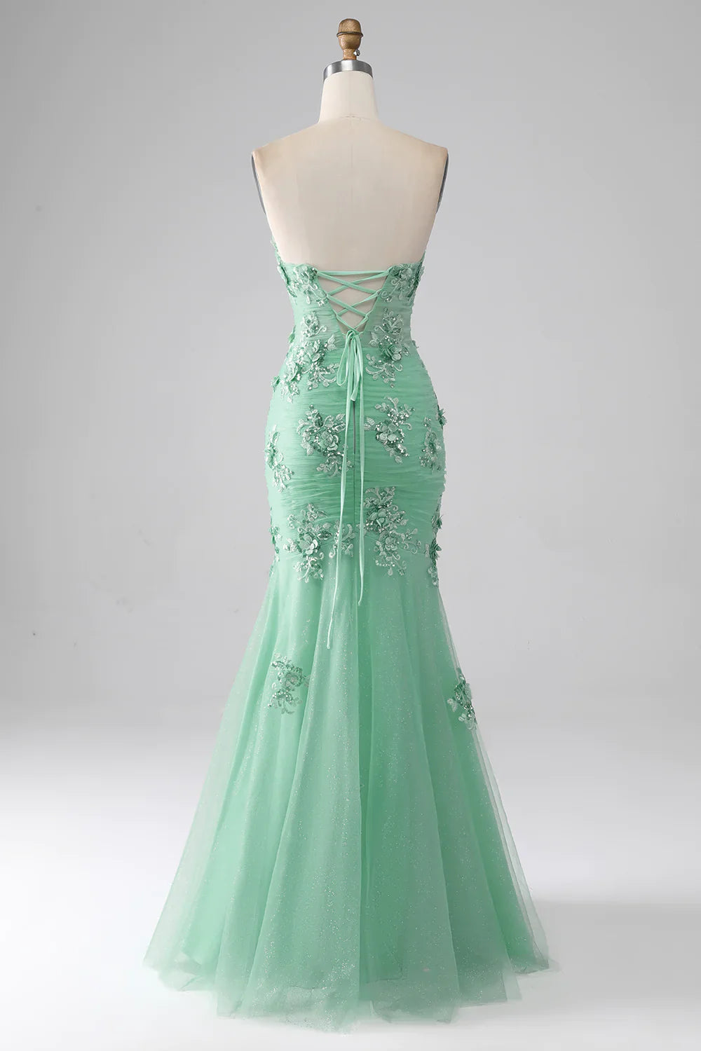 DingJiDress Green Mermaid Strapless Tulle Long Prom Dress with Appliques