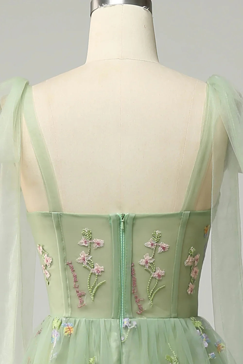 DingJiDress Green Tulle A Line Corset Plus Size Prom Dress with Embroidered