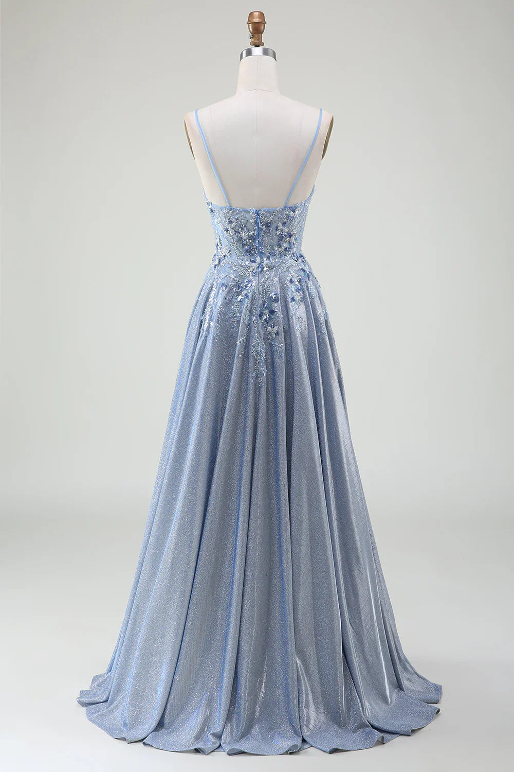 DingJiDress Glitter A-Line Spaghetti Straps Grey Blue Prom Dress