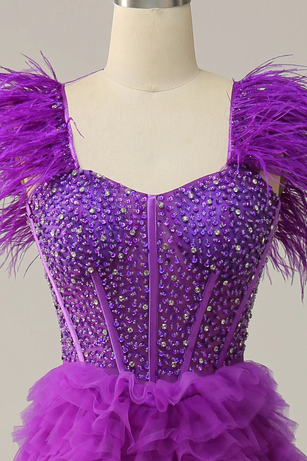 DingJiDress A Line Sweetheart Purple Long Prom Dress with Beading Feathers