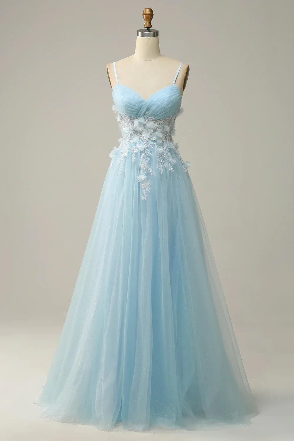 DingJiDress A Line Spaghetti Straps Sky Blue Prom Dress with Appliques