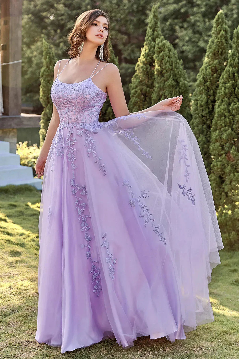 Purple long A-line version chiffon lace up decal party dress