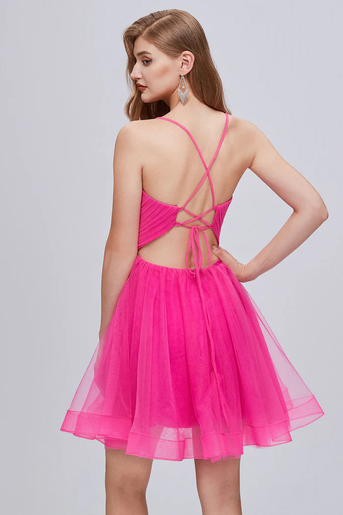 Spaghetti Strap V Neck Tulle Homecoming Dresses