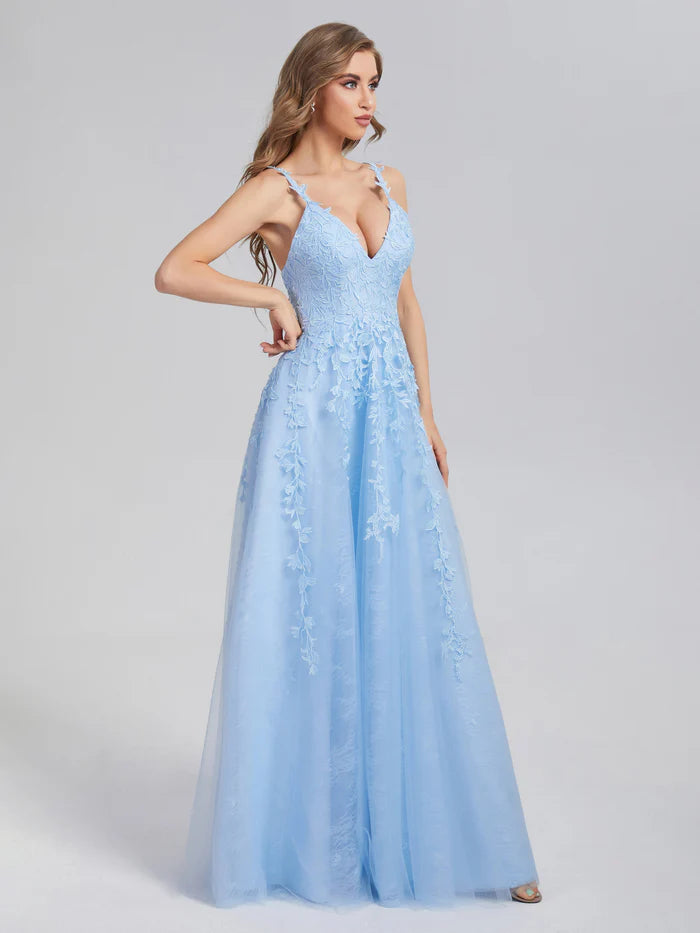 Charming A-Line V Neck Spaghetti Straps Back Zip Floor-Length Prom Dress with Appliques