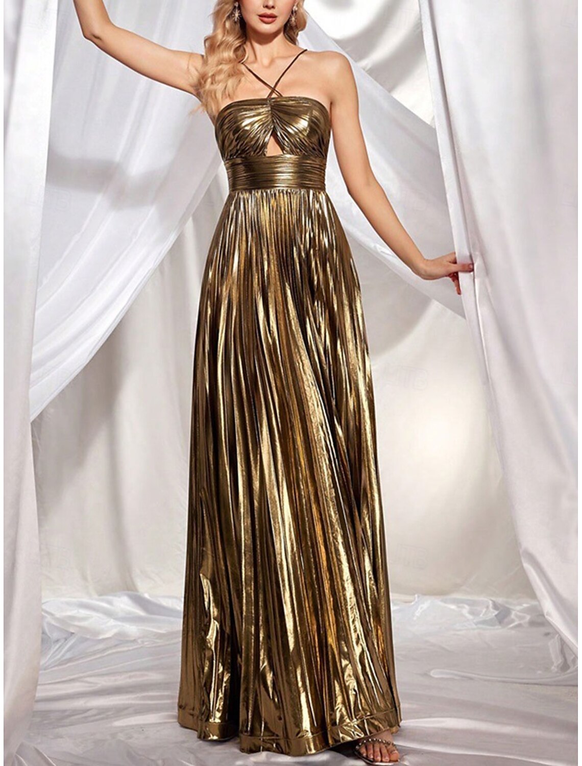 Charming Pleat Gold A-Line Halter Neck Lace Up Wedding Guest Floor Length  Prom Dress