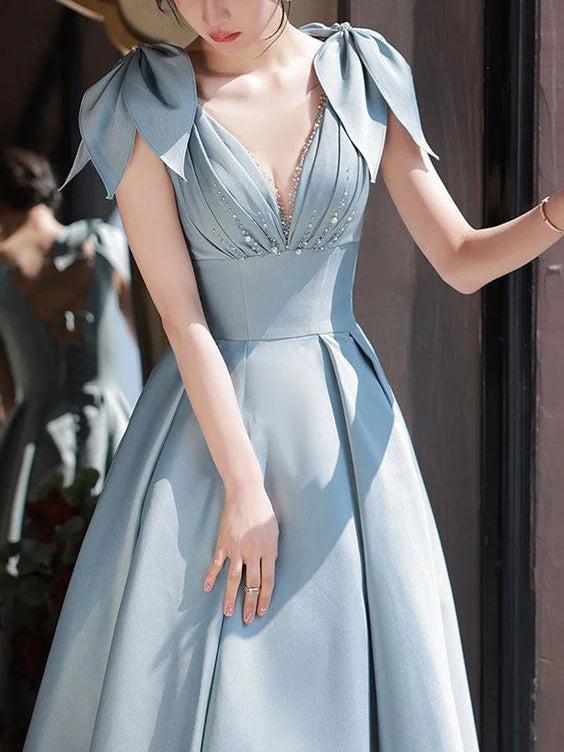 Blue Elegant V-neck Satin Pearl Long Ball Dress Evening Dress
