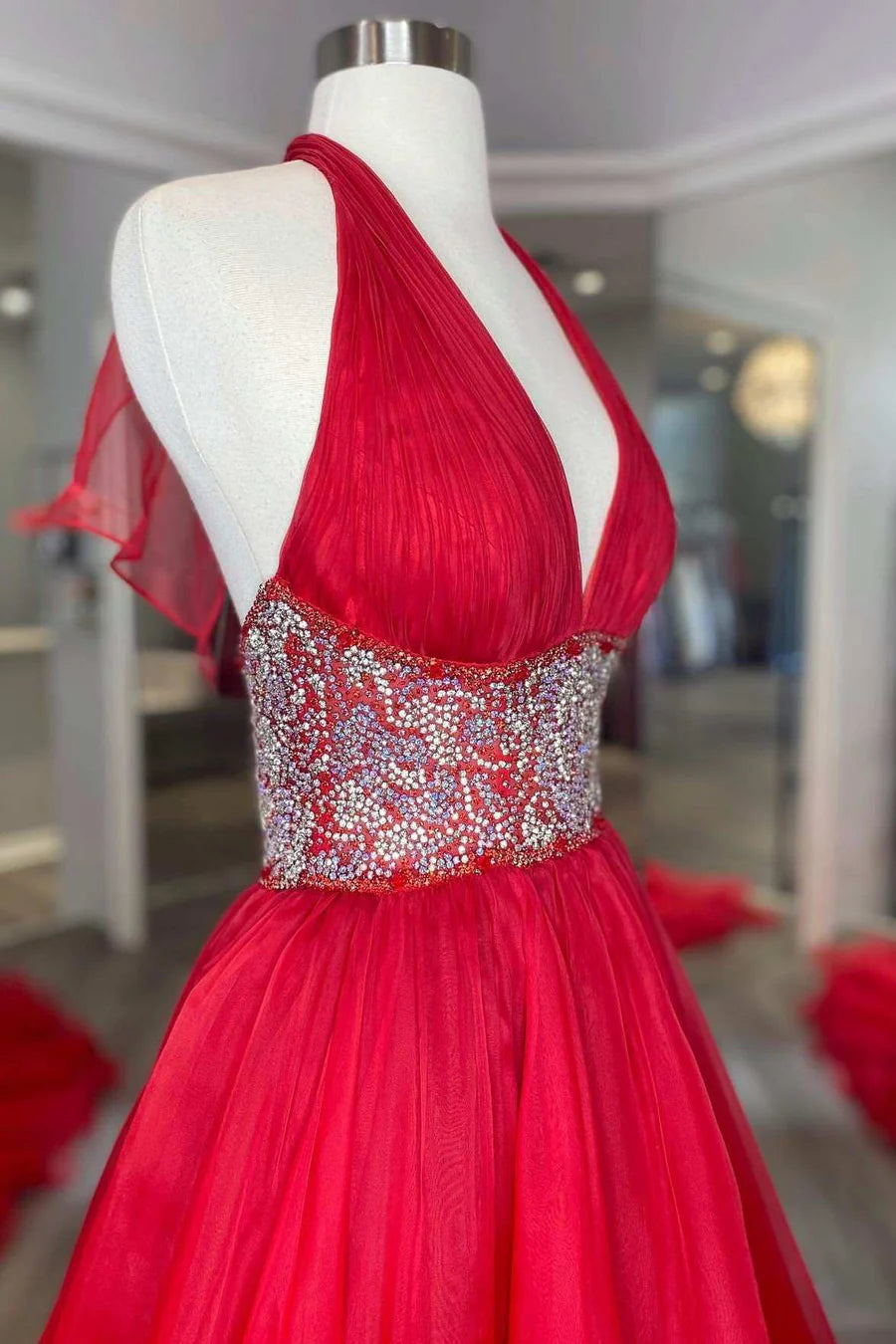 Red Beaded Halter Backless A-Line Long Prom Dresses