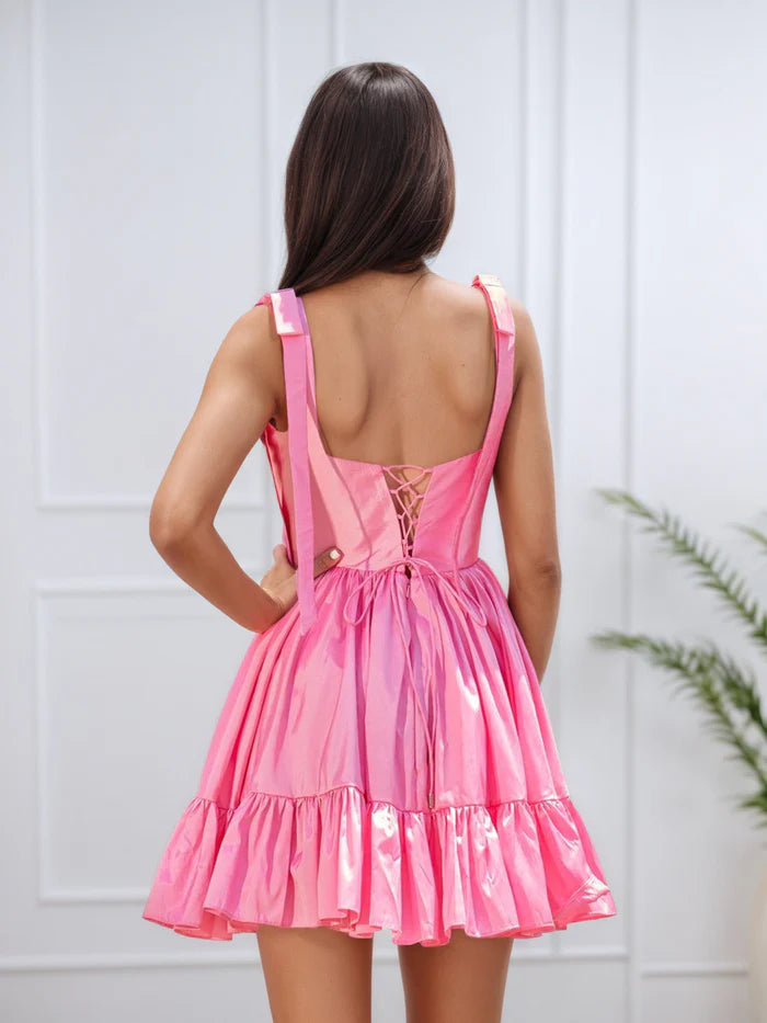 Straps Ruffle Pink Sleeveless Homecoming Dress