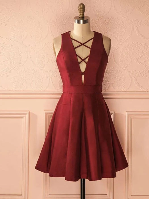 Deep V Neck Burgundy Satin Short Prom Homecominges V Neck Burgundy Formal Graduation Evening