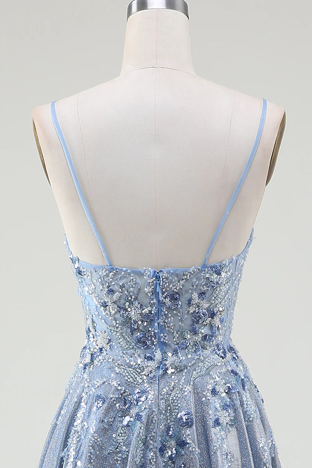 DingJiDress Glitter A-Line Spaghetti Straps Grey Blue Prom Dress